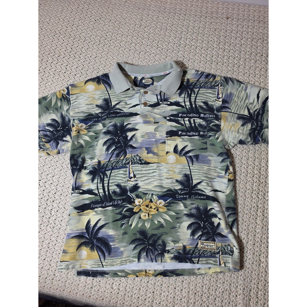 Tommy Bahama Polo Shirt Mens Large Green Tropical Island Paradise  Ribbed
